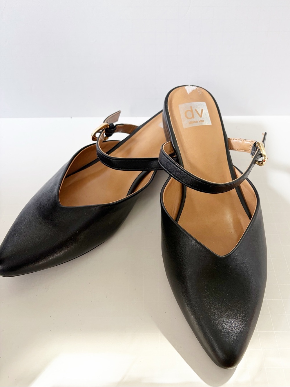 DV by Dolce Vita Black Pointed Slingback Mules with Gold Buckle Size 9.5 Dayme